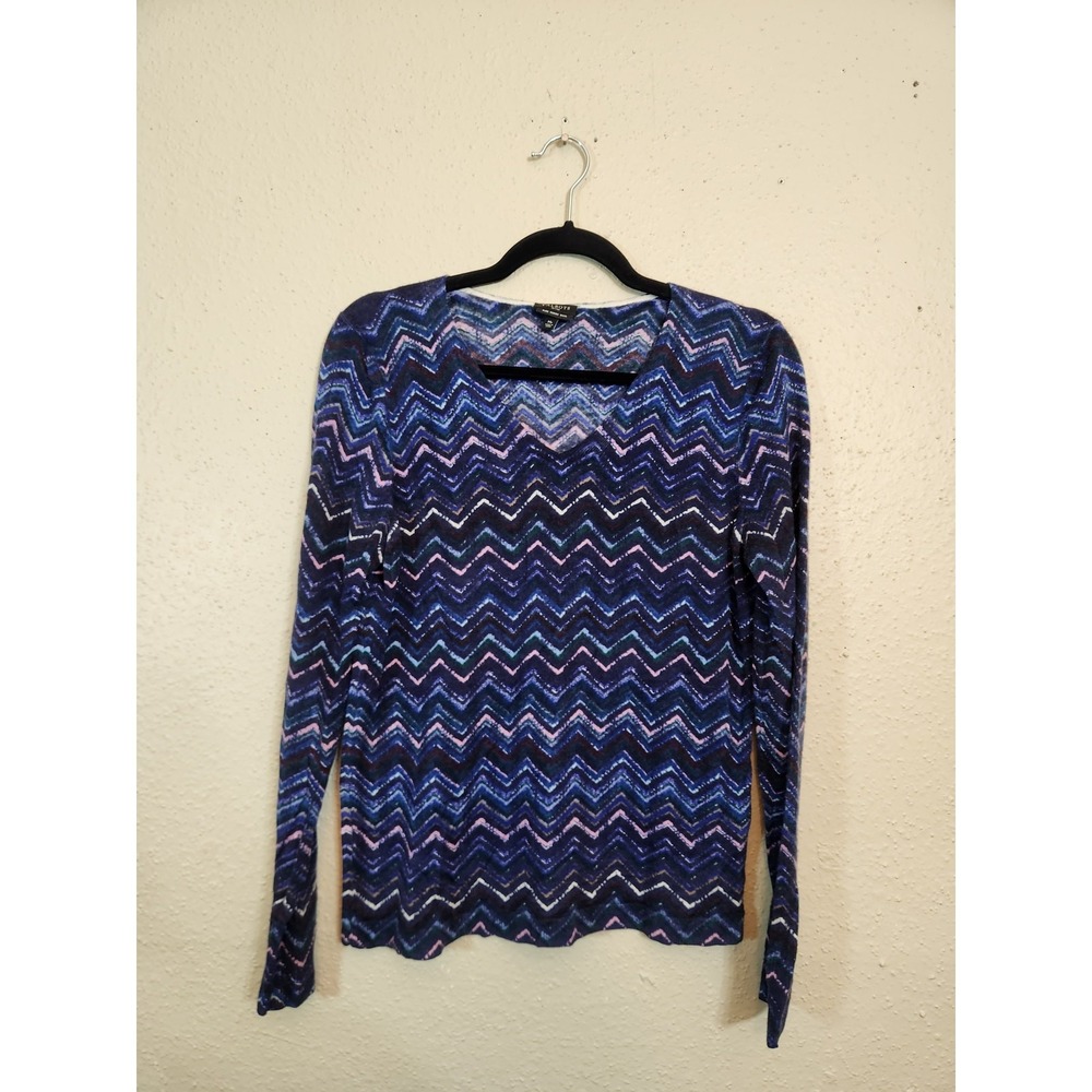 Talbots Womens MP Blue Multi Chevron V-Neck Pure Merino Wool Sweater Long Sleeve